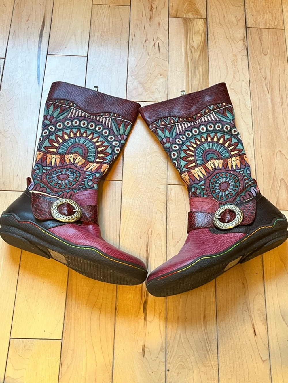 Socofy Tapestry and Leather Tall boots zip up side decorative silver buckle 39